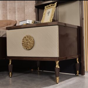 Venetian Bed with upholstered headboard, gold-detailed legs, and matching side tables. Complete with coordinating wardrobe and dresser.