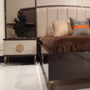 Venetian Bed with upholstered headboard, gold-detailed legs, and matching side tables. Complete with coordinating wardrobe and dresser.