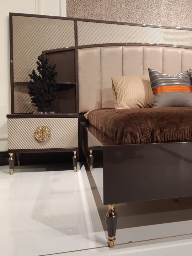 Venetian Bed with upholstered headboard, gold-detailed legs, and matching side tables. Complete with coordinating wardrobe and dresser.