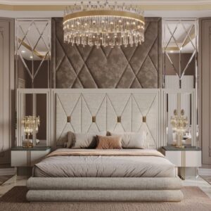 Luxury Moritz Bedroom Collection featuring an upholstered bed with diamond-tufted headboard, gold accents, and elegant bedside tables.