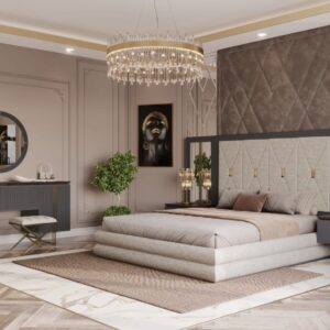 Luxury Moritz Bedroom Collection featuring an upholstered bed with diamond-tufted headboard, gold accents, and elegant bedside tables.