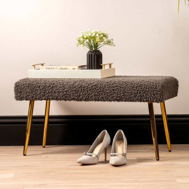 Grey Boucle Bench With Gold Legs