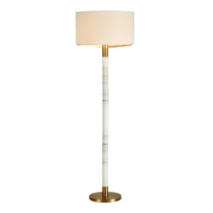 Luxury marble and gold floor lamp with fabric drum shade. Modern tall floor lamp with brushed gold accents and smooth white marble column. Elegant lighting for living rooms, bedrooms, and hallways