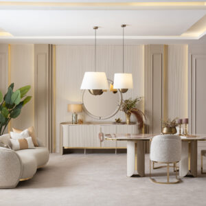 Elegant Tropez Sideboard in a luxury interior with marble top and gold accents.