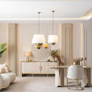 Elegant Tropez Sideboard in a luxury interior with marble top and gold accents.