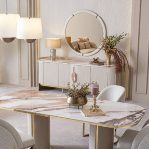 Elegant Tropez Sideboard in a luxury interior with marble top and gold accents.