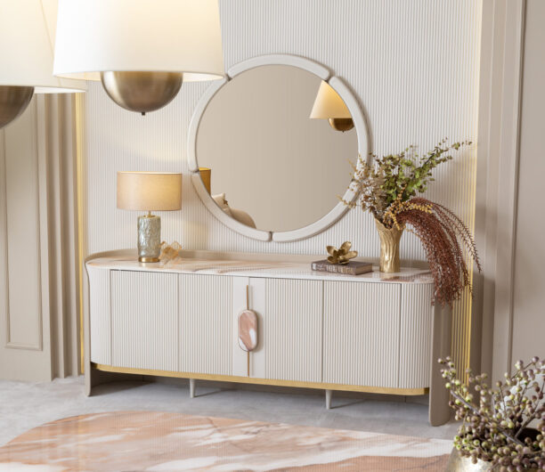 Elegant Tropez Sideboard in a luxury interior with marble top and gold accents.