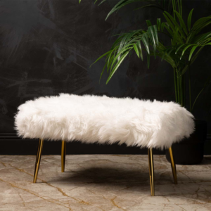 Cloud Fur Bench with White Faux Fur Seat and Gold Metal Legs – Luxury Accent Seating for Modern Interiors.