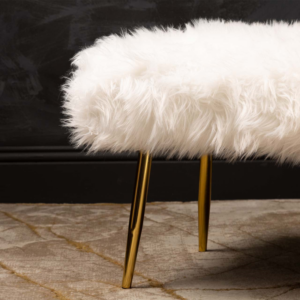 Cloud Fur Bench with White Faux Fur Seat and Gold Metal Legs – Luxury Accent Seating for Modern Interiors.