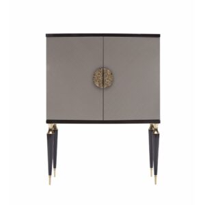 The Venetian Storage Cabinet features a curved design, silver textured panels, and elegant black and gold legs for a sophisticated touch.