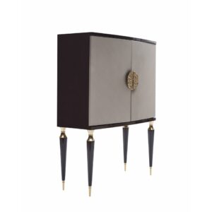 The Venetian Storage Cabinet features a curved design, silver textured panels, and elegant black and gold legs for a sophisticated touch.