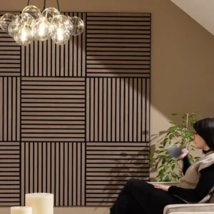 Real wood acoustic wall panels with sound-dampening felt and easy installation. Modern design for home or office.