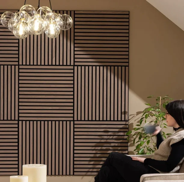 Real wood acoustic wall panels with sound-dampening felt and easy installation. Modern design for home or office.