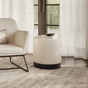 Ivory Boucle Footstool With Black Base
